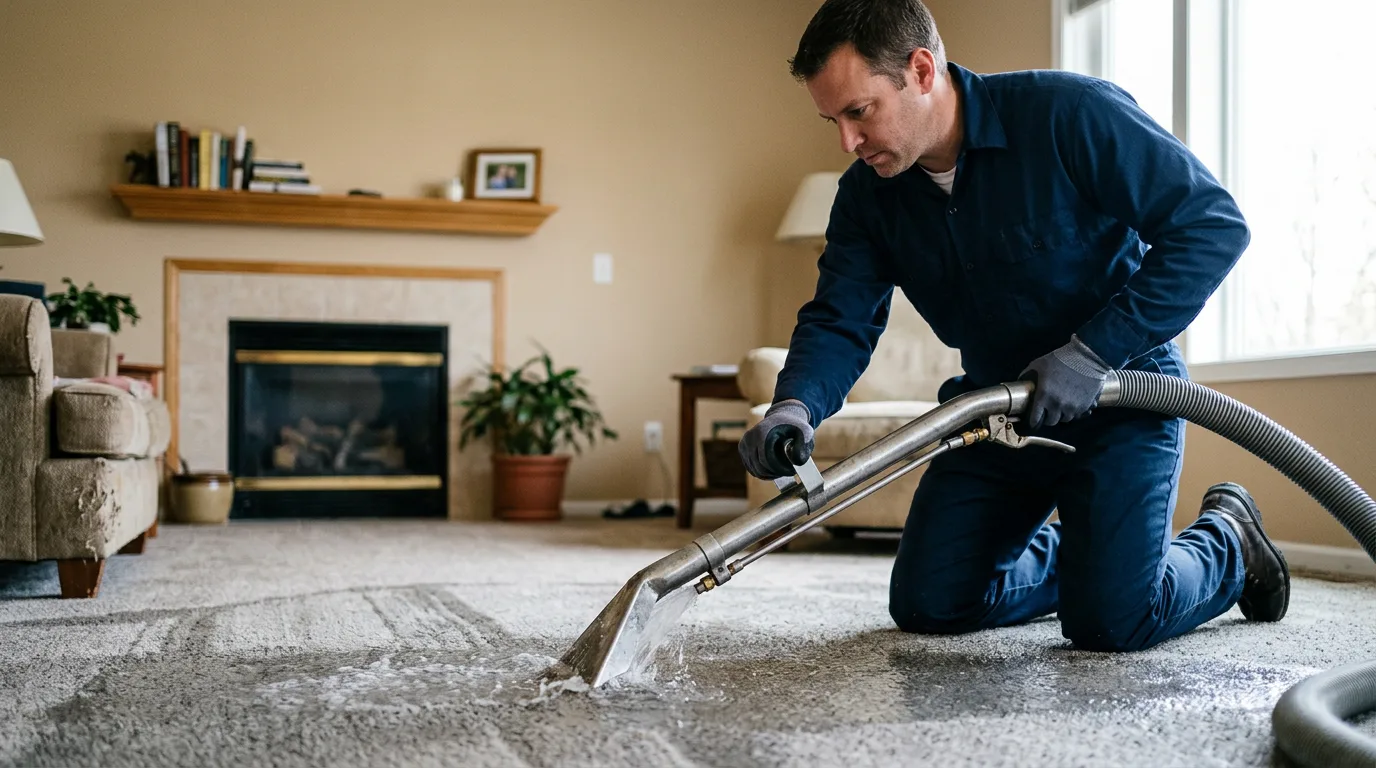 Water damage restoration technician working near Highland, WI